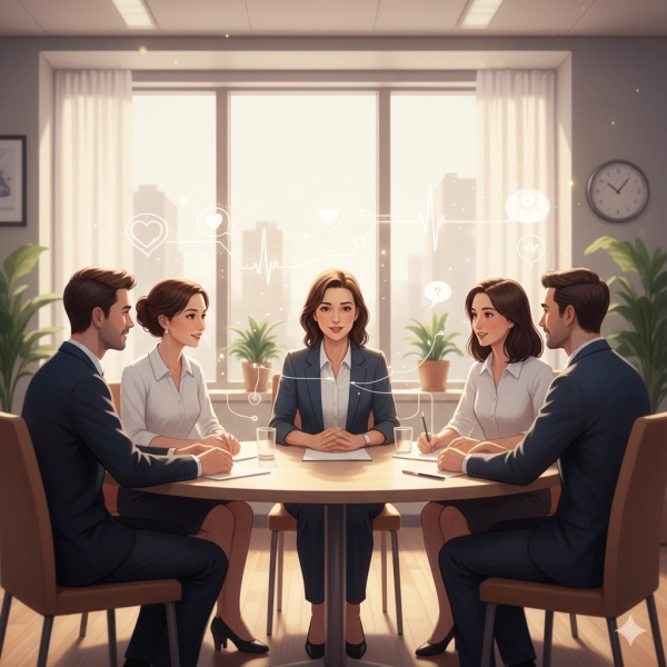 Leader demonstrating emotional intelligence and self-awareness while communicating calmly and empathetically with a team in a workplace setting