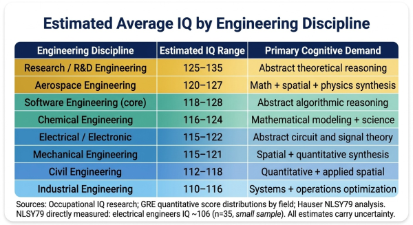 Detailed table showing estimated average IQ by engineering discipline from research and aerospace at the top through civil and industrial engineering