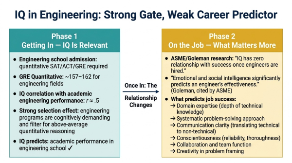 Comparison showing IQ predicts engineering school admission but that on-the-job engineering success depends more on non-cognitive factors