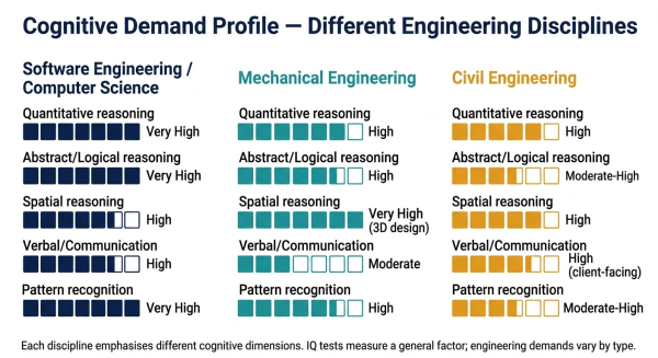Comparison of cognitive profile demanded by different engineering disciplines showing the quantitative spatial and verbal reasoning mix