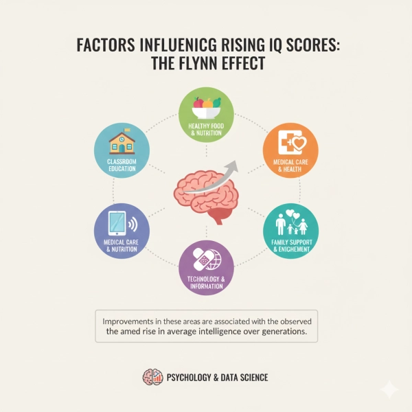 Illustration showing environmental factors behind the Flynn Effect, including education, nutrition, healthcare, technology, and family environment
