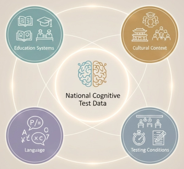 Illustration showing how education, culture, and environment influence population-level IQ test performance