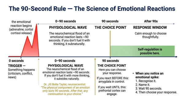 Diagram explaining the 90 second physiological rule for emotional reactions showing how to use the window between emotional trigger and response