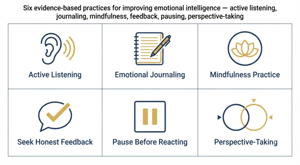 Six evidence-based practices for improving emotional intelligence — active listening, journaling, mindfulness, feedback, pausing, perspective-taking