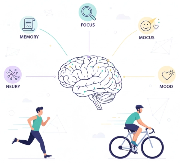 Illustration showing how physical exercise improves brain health, memory, focus, and emotional balance