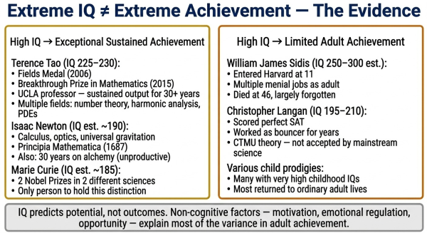 Comparison showing that extreme IQ does not guarantee extreme achievement with examples of both high and low adult achievement from prodigies