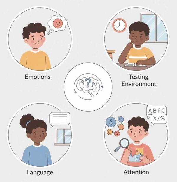 Illustration showing factors that influence the accuracy of IQ tests for children, including environment, emotions, and attention