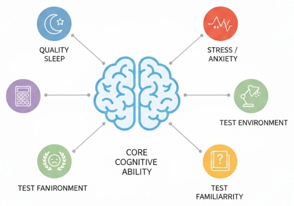 Factors affecting IQ test results including core cognitive ability, sleep, stress, and test conditions