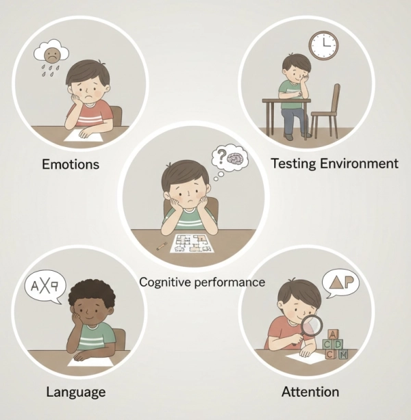 Illustration showing factors that influence a child’s IQ test performance, including environment, emotions, attention, and language