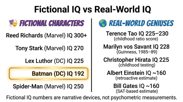 Comparison of fictional superhero IQ scores versus real world verified genius IQ scores