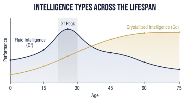Fluid intelligence vs crystallized intelligence across the lifespan — Gf peaks in 20s, Gc remains stable or rises