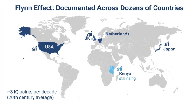 Flynn Effect documented in multiple countries — USA, UK, Netherlands, Japan, Kenya showing consistent IQ rise