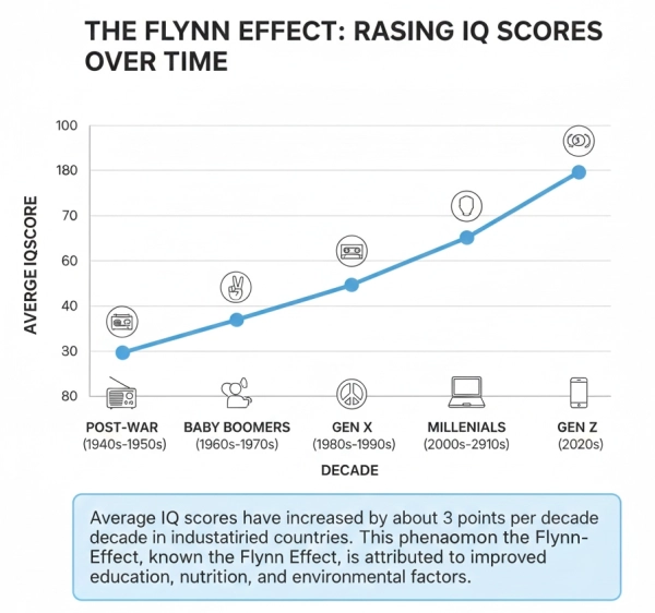 Graph illustrating the Flynn Effect, showing average IQ scores increasing across generations over decades