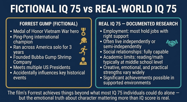 Comparison of fictional Forrest Gump IQ 75 portrayal versus real world experiences of people with IQ 75