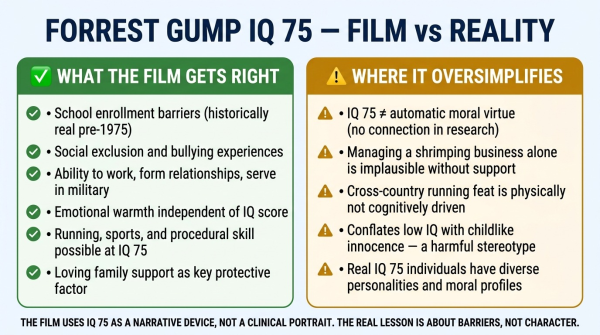 Analysis of what Forrest Gump film gets right and wrong about IQ 75 borderline intellectual functioning