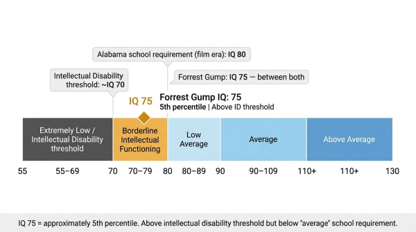 Forrest Gump IQ 75 positioned on the real world IQ scale showing Borderline Intellectual Functioning range