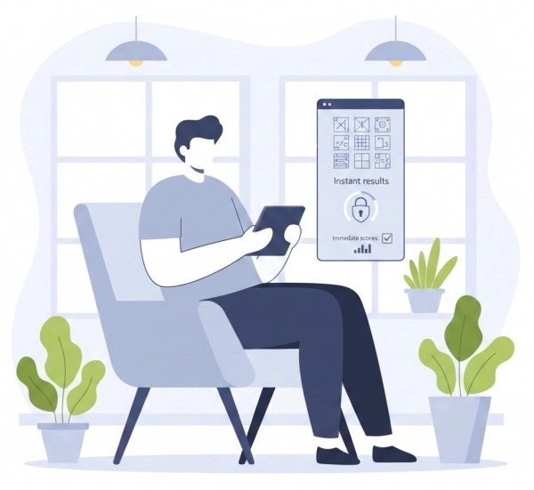 Free IQ test interface showing instant results on screen with no email or sign-up required