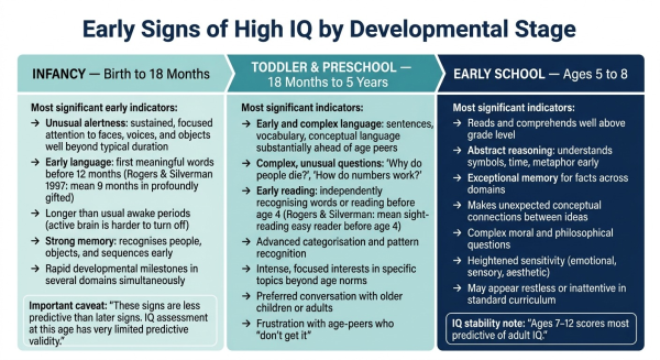 Timeline showing early developmental signs of high IQ organized by age from infancy through early school years with research context
