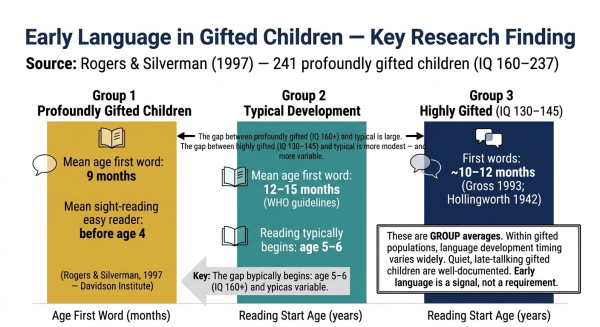 Data visualization of the Rogers and Silverman 1997 research finding on early language development in profoundly gifted children compared to typical development
