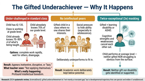 Diagram explaining gifted underachievement showing why highly capable children often perform below their potential in standard school settings