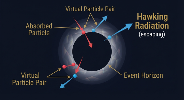 Hawking Radiation diagram — virtual particle pairs near black hole event horizon, one escaping as radiation