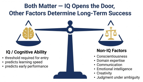 What matters beyond IQ in high-cognitive-demand careers — conscientiousness, EQ, domain expertise, communication