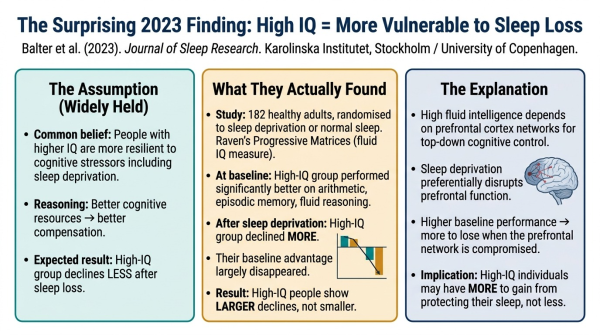 Diagram showing the 2023 Balter Karolinska study finding that high IQ people are more vulnerable to sleep deprivation not more resistant