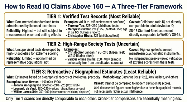Framework showing three tiers of evidence for highest IQ claims including verified tests disputed claims and retroactive historical estimates