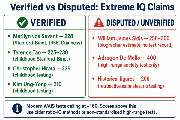 Visual scale separating verified IQ scores from disputed claims above 200