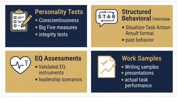 How employers assess soft skills in hiring — personality tests, structured interviews, EQ assessments, work samples