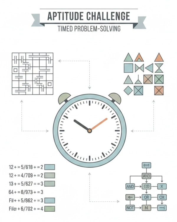 How a problem-solving aptitude test works with logic puzzles, patterns, and time limits