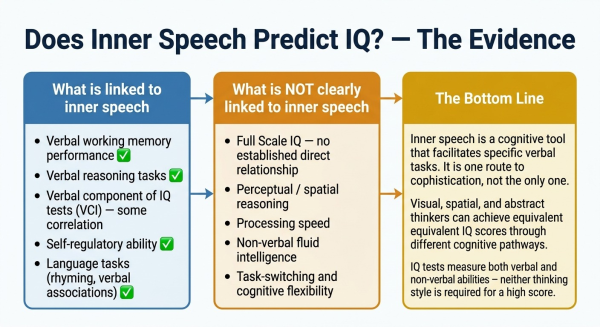 Summary diagram showing the relationship between inner speech frequency and IQ score based on current cognitive science research evidence