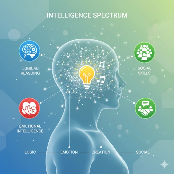 Illustration showing different types of intelligence including logical, emotional, creative, and social skills