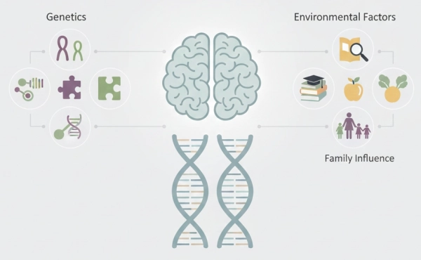 Illustration showing how intelligence is influenced by both genetics and environment, including DNA, brain development, and learning factors
