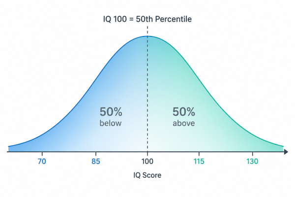 Bell curve showing IQ 100 as the exact midpoint of the population with 50 percent scoring above and below