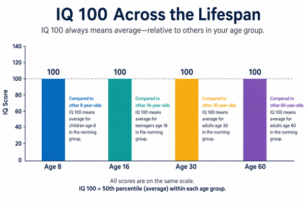 Chart showing how IQ of 100 compares across different age groups and what average means at each stage of life