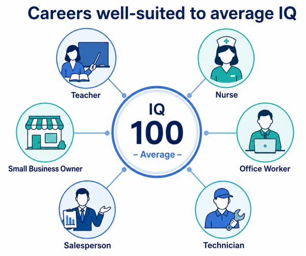Infographic showing careers and life outcomes associated with an average IQ score of 100