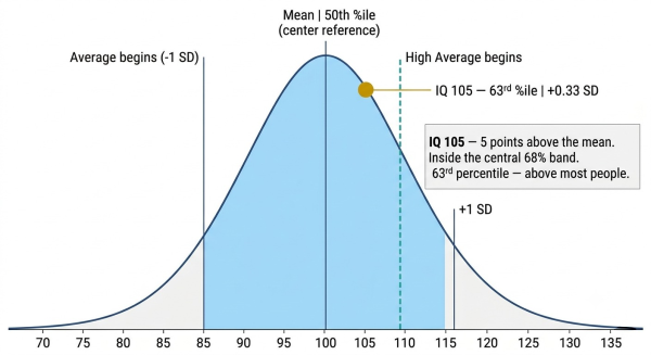 IQ 105 on the population bell curve at the 63rd percentile showing it slightly above the population mean of 100 inside the central Average band