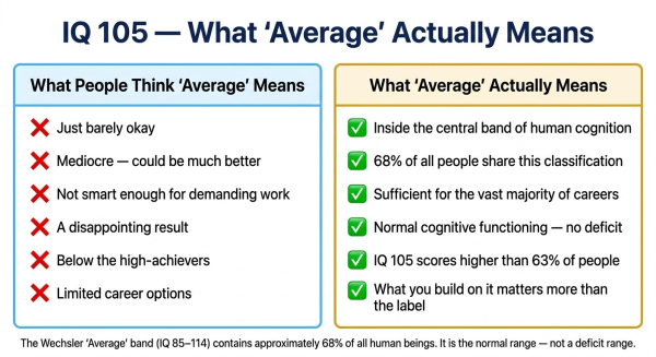 Infographic explaining what the Average classification means at IQ 105 showing its position within the central 68 percent of the population