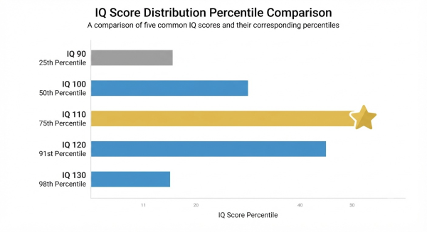 IQ 110 compared to scores 90, 100, 120, 130 on a percentile bar chart