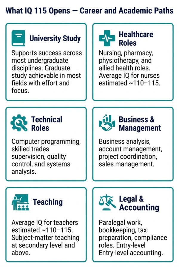 Overview of career and academic paths that IQ 115 supports including teaching nursing engineering and business analysis