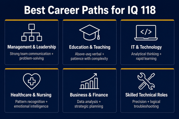 Best career paths for people with an IQ of 118 including management teaching and engineering