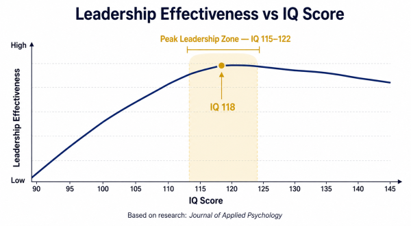 Research chart showing IQ 118 sits in the leadership effectiveness sweet spot below IQ 120