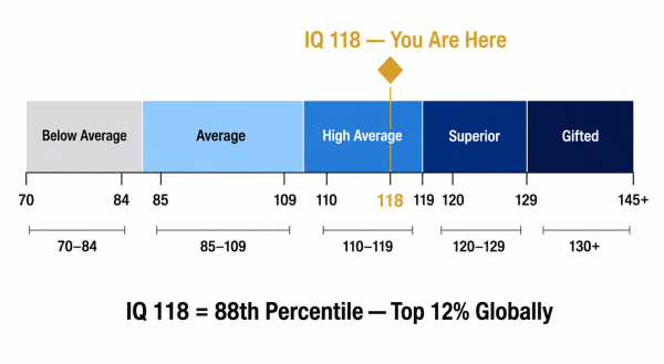 IQ 118 position on the intelligence scale — High Average range at 88th percentile