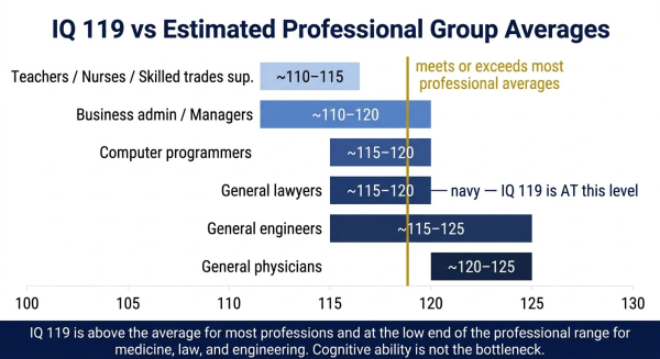 Overview of career and academic paths that IQ 119 supports showing it matches or exceeds most professional group averages