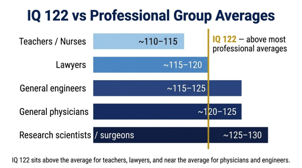 Bar chart comparing IQ 122 to estimated average IQ by profession showing it exceeds most professional averages