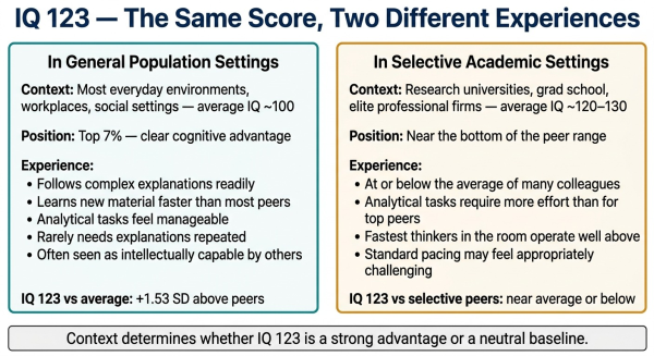 Diagram showing how IQ 123 is experienced differently in general population environments versus selective academic professional settings