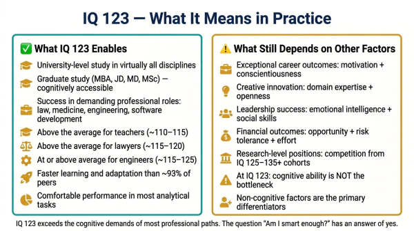 Overview of what IQ 123 means in professional academic and daily life context comparing to professional averages