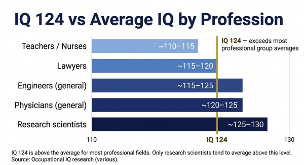 Chart comparing IQ 124 to estimated average IQ by profession showing it exceeds most professional averages