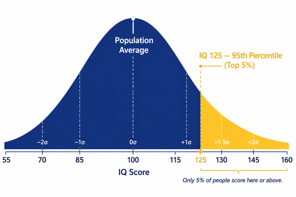 Bell curve showing IQ 125 at the 95th percentile — top 5% of population